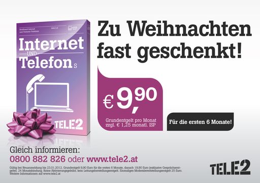 Rechtzeitig vor Weihnachten senkt Tele2, Österreichs größter alternativer Telekommunikationsanbieter, den Preis für sein Internet- und Telefon-Bundle. Das Paket "Tele2 Internet und Telefon S" kostet ab sofort in den ersten sechs Monaten nur 9,90 Euro statt 19,90 Euro monatlich.