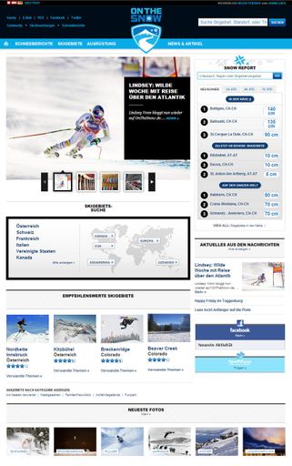  Die übersichtliche Startseite von OnTheSnow.de.