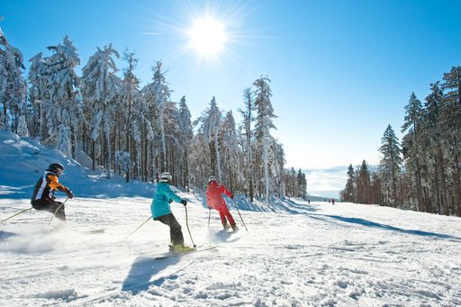 Der tief verschneite Böhmerwald im Norden Oberösterreichs ist die prächtige Kulisse für das Skigebiet Hochficht.