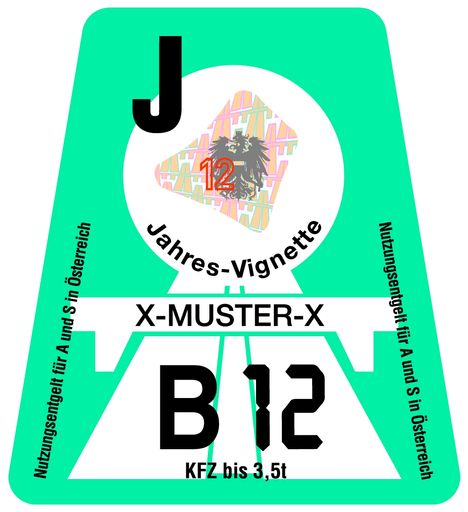 PKW-Muster-Jahresvignette 2012
Nutzungsrecht für das österreichische Vignetten-Sujet:
Das Bild/Vignettensujet darf nur für redaktionelle Zwecke genutzt werden. Die Verwendung ist honorarfrei bei Angabe der Quelle "ASFINAG". Jede Art der Veränderung, insbesondere eine grafische Veränderung, außer zum Freistellen des Hauptmotivs, ist untersagt. Belegexemplare werden erbeten an: ASFINAG, Marketing und Kommunikation, Rotenturmstraße 5-9, 1010 Wien.