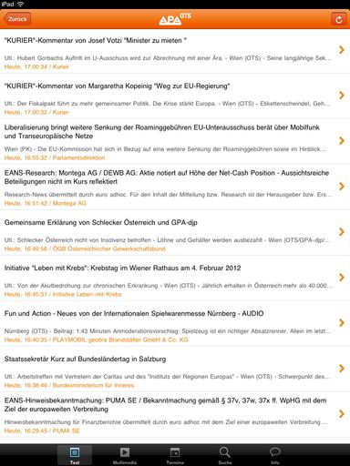 Vorschau Bild von Die neuesten Presseaussendungen auch unterwegs bequem empfangen - das ermöglicht die kostenlose APA-OTS-App. iPhone-User können damit mobil optimiert auf sämtliche Inhalte zugreifen, die über Österreichs größten Verbreiter von Presseinformationen ausgesendet werden.