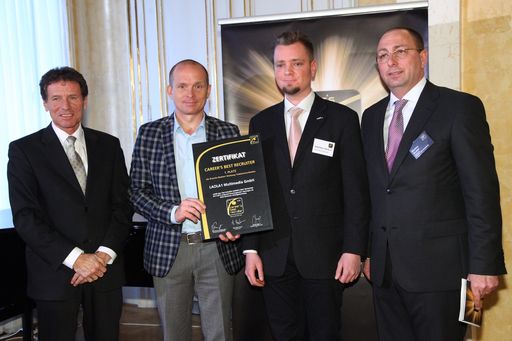 v.l.n.r.: Dr. Karlheinz Töchterle (BMWF), Karl Wieseneder (GF LAOLA1), Sebastian Skala (HR LAOLA1) Markus Gruber (Herausgeber Career)