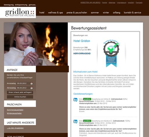  Das neue Widget des BewertungsAssistenten ermöglicht es den Hoteliers, Bewertungen, die über das TourismusTool der ncm eingeholt werden, auf der eigenen Hotelwebseite anzuzeigen und Gästemeinungen unabhängig darzustellen. Das 4-Sterne-Hotel Gridlon am Arlberg hat als erstes Hotel das neue Widget auf seiner Webseite eingebunden.