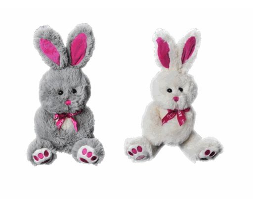 Potenzielles Sicherheitsrisiko bei weißen und grauen Plüsch-Osterhasen im Rahmen einer Duft-Promotion für Ostern 2012.