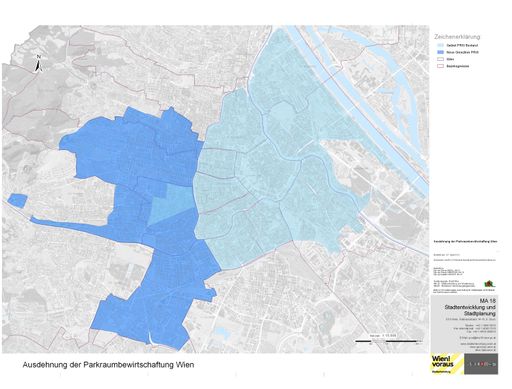 Dunkelblau eingefärbt die neuen Gebiete mit Parkraumbewirtschaftung ab 1.10.2012