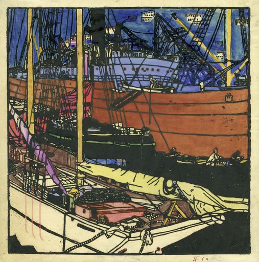 Vorschau Bild von Rudolf Kalvach (1883-1932), Deck. "Triester Hafenleben" 4, 1907/08, Holzschnitt, Aquarellierte Version auf Pergamin, 35 x 34 cm, Privatbesitz
