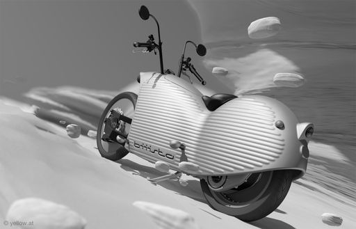 Vorschau Bild von biiista - Elektro-Motorrad / Seitenansicht: Name und Design by Yellow Works/Linz. Mehr auf yellow.at