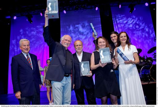 Verleihung des Printissimo Awards: Wolfgang Pfarl, Austropapier; Lois Lammerhuber, Edition Lammerhuber; Werner Bethmann, Ueberreuter Print; Silvia Lammerhuber, Edition Lammerhuber; Martin Ackerl, Edition Lammerhuber; Johanna Reithmayer, Edition Lammerhuber