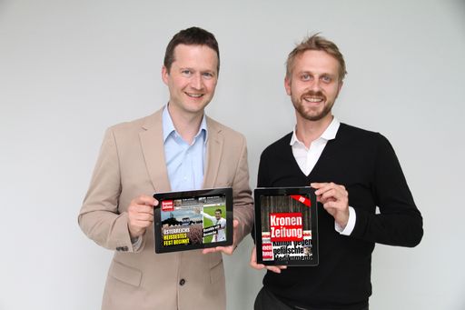 zweipunktnull Geschäftsführer Peter Ungvari und krone.at Geschäftsführer Peter Rathmayr präsentieren die neue Krone HD App