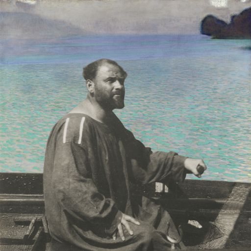 Gustav Klimt, Am Attersee (Detail), 1900, Öl auf Leinwand, Leopold Museum, Wien; Gustav Klimt im Ruderboot, 1909, Fotografie, Privatbesitz (Montage)