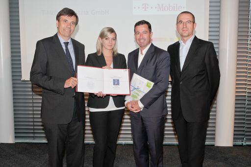 SC Dr. Matthias Tschirf (BMWFJ), Andrea Schörgenhofer (T-Mobile), Mag. Joachim Burger (Geschäftsführer Personal T-Mobile) und Jurymitglied Gerhard Preslmayer (SPS Marketing GmbH) bei der Preisverleihung des KNEWLEDGE Award 2012.