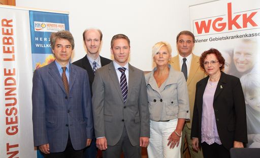 http://www.apa-fotoservice.at/galerie/3193 Im Bild v.l.n.r.: Prim. Dr. Michael Gschwantler (Wilhelminenspital), Doz. Dr. med. univ. Gerd Bodlaj (Barmherzige Schwestern), Dr. Gregor Ulbrich (KH Hietzing), LAbg. Susanne Bluma, Prim. Prof. Mag. Dr. Dr. Reinhard Marek (WGKK) und Angelika Widhalm (Vorsitzende der HHÖ)