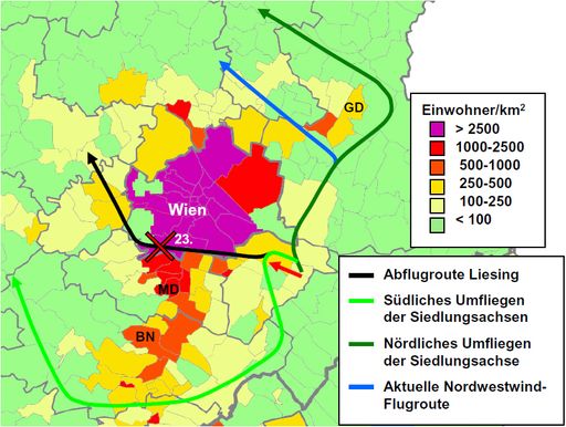 §7 in den Luftverkehrsregeln sieht vor, dass
möglichst wenig Menschen von vermeidbarem Fluglärm betroffen sein
sollen. Statt auch über dichtest besiedelte Gebiete wie Liesing zu
starten (schwarze Flugroute), sollte im Sinne des Gesetzes also nur
über möglichst unbesiedeltes Gebiet geflogen werden
(Flugroutenvorschläge in grün). Mit etwas gutem Willen könnte so die
Anzahl der Betroffenen sehr schnell minimiert werden.