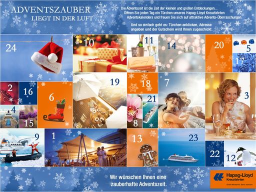 In der Adventszeit erwartet die Kunden von
Hapag-Lloyd Kreuzfahrten jeden Tag eine neue Reise-Überraschung: Ab
dem 1. Dezember können Teilnehmer täglich ein Türchen des
Adventskalenders öffnen und sich einen Reisegutschein
sichern.BILDRECHTEHINWEIS: Das Fotomaterial stellen wir Ihnen in
Verbindung mit der dazugehörigegen Pressemeldung gerne honorarfrei
zur Verfügung. Verwendung der Bilder nur mit vollständigem
Copyrightvermerk "Foto: Hapag-Lloyd Kreuzfahrten" (wir bitten darum,
den Firmennamen nicht abzukürzen). Wir bitten ggf. um eindeutige
Bildunterschriften. Jeder neue oder weitere Verwendungszweck bedarf
der vorherigen Zustimmung der Presseabteilung von Hapag-Lloyd
Kreuzfahrten. Die Verwendung als Titelfoto oder im Rahmen von
allgemeinen Berichten zum Thema "Schiffsreisen" bedürfen dabei einer
Sondergenehmigung. Damit möchten wir die Rechte des Fotografen bzw.
der dargestellten Personen wahren.