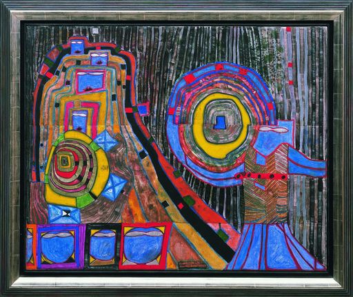  Friedensreich Hundertwasser, Hausberg, 1991-94,
Aquarell, Eitempera, Öl, Gold-/Silberfolie auf Papier auf Lw. 74,5 x
91,5 cm. Sammlung Würth, Inv. Nr. 5270. (C)