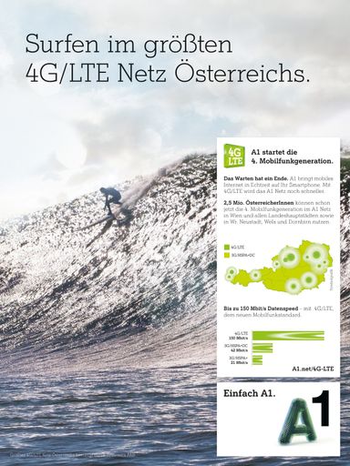 APA-PictureDesk liefert Foto zur aktuellen
A1-Werbekampagne. "Surfer"-Bildsujet von Natur-Fotograf Frans
Lanting in Print- und Onlinewerbung für 4G/LTE.