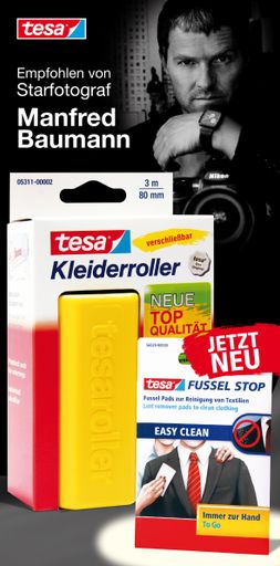Vorschau Bild von Starfotograf Manfred Baumann empfiehlt den tesa(R)
Kleiderroller mit neuer Top-Qualität und die neuen tesa(R) Fussel
Stop.
