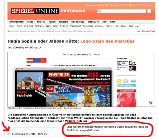 Verwirrend waren die bisherigen Erklärungen von
LEGO in Bezug auf das Spiel "Jabba's Palace", das Ende diesen Jahres
vom Markt genommen werden soll. Deswegen stellt Melissa Günes,
Generalsekretärin der Türkischen Kulturgemeinde in Österreich, hier
die Fakten nochmals dar.