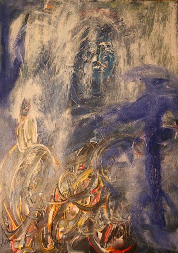 Vorschau Bild von "So weit im Gestern der Vater" dat. 1.März 2012,
Mischtechnik auf Leinwand, Mehrfachübermalung 50x70 cm, Hochformat