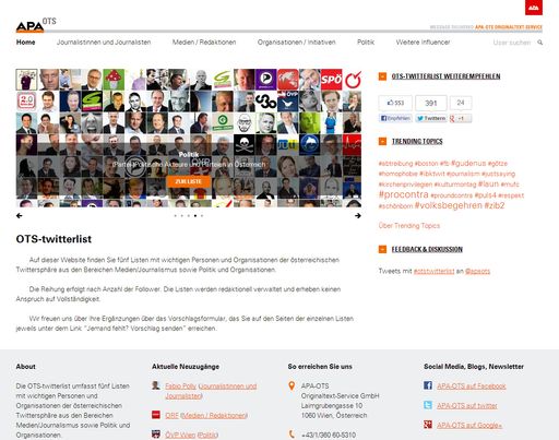  Die OTS-twitterlist wurde um das neue Feature
"Trending Topics" erweitert. Über eine Tagcloud erfährt der User auf
einen Blick, worüber die Mitglieder der OTS-twitterlist aktuell
diskutieren.