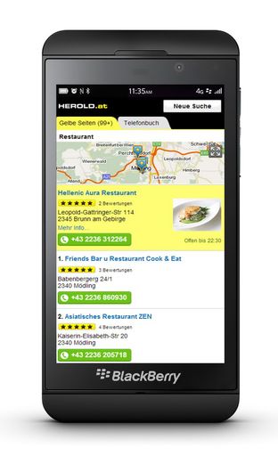  Der HEROLD hat sein Angebot für Smartphone-User
erweitert: Nach Applikationen für das iPhone, das iPad, für Android,
Windows Phone 7, etc. ist die HEROLD App, die laut "Mobile
Communications Report 2012" der MMA beliebteste App des Landes, nun
auch für BlackBerry 10 verfügbar.