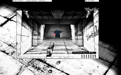 Vorschau Bild von Deadshirt Schießstand. Hier schießt der Kunde bis zu 10 Mal auf
sein Shirt. Die Koordinaten der Einschüsse gehen an die Produktion,
die dann die Treffer am Schießstand in die Realität umsetzt.