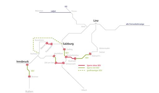 ÖBB: Unwetterbedingte Streckensperren im Eisenbahnverkehr -
Übersicht gesperrte Strecken und Schienenersatzverkehr