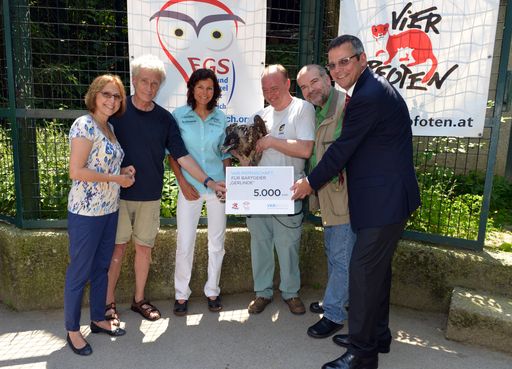 v.l.: Dagmar Schratter (Direktorin Tiergarten
Schönbrunn), Hans Frey (Leiter des Bartgeier EEP (Europäisches
Erhaltungszuchtprogramm), Wissenschaftlicher Leiter der Eulen- und
Greifvogelstation Haringsee) Gerlinde Kaltenbrunner
(Höhenbergsteigerin), Andreas Eder (Tierpfleger Tiergarten
Schönbrunn), Heli Dungler (Geschäftsführer von VIER PFOTEN), Albert
Wagner (Generaldirektor VKB Bank (offizieller Sponsor der
Patenschaft))