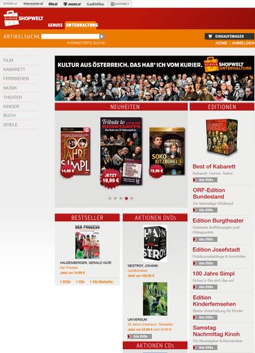 Screenshot: KURIER Shopwelt Unterhaltung - Powered By HOANZL-
Film, TV, Kabarett, Bühne und Musik aus Österreich