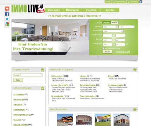 Vorschau Bild von Schon zum Start der Beta-Version der neuen,
userfreundlichen Web-Plattform für Immobilien in Österreich sind auf
immolive.at mehr als 10.000 Objekte online. Weiteres Bildmaterial
gibt es unter: www.dropbox.com/sh/fj69rzvkf2gk01f/EYx9dpwO5u