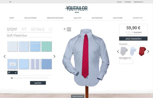 YOUTAILOR erfindet sich neu / Der Berliner
Online-Maßhemden-Hersteller startet mit neuer Webseite, eigenen
Kollektionen und neuer Markenstrategie. Der YOUTAILOR 3D-Designer:
In wenigen Schritten zum selbstdesginten Maßhemd. Die Verwendung
dieses Bildes ist für redaktionelle Zwecke honorarfrei.
Veröffentlichung bitte unter Quellenangabe: "obs/YOUTAILOR"