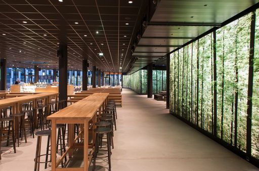 Vorschau Bild von Blickt man um sich, wähnt man sich weniger in
einer Mensa als eher bei einem Picknick im Wald. Durch LED hinter
den Glasplatten lassen sich unterschiedliche Stimmungen je nach
Tageszeit erzeugen