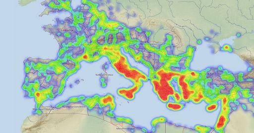 Überblick über den aktuellen Inhalt der
Pelagios-Datenbank (derzeit ca. 660.000 Einträge, zurückdatiert bis
ca. 800 BC). Je röter eine geographische Region, desto mehr Material
ist in der Datenbank zu dieser Region verfügbar.