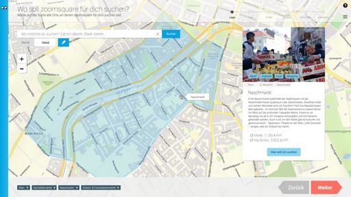 Vorschau Bild von Grätzl & Viertelsuche für Wien mit zoomsquare samt
nützlicher Kurzbeschreibung für jedes Viertel