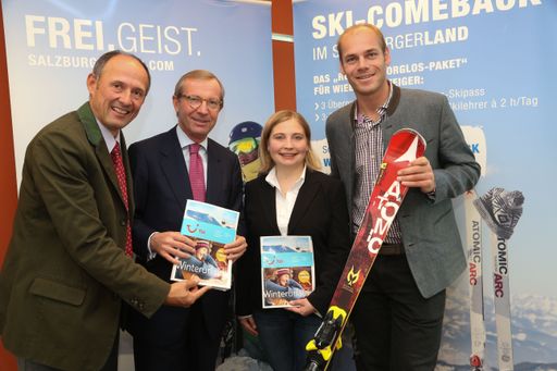  Starten optimistisch in den Winter: SLTG
Geschäftsführer Leo Bauernberger, Landeshauptmann Dr. Wilfried
Haslauer, Cornelia Walter von TUI, Ex-Skiprofi und Hotelier Michael
Walchhofer (v.l.n.r.)