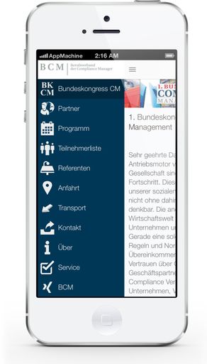 Offizielle Smartphone-App für den Bundeskongress
Compliance Management am 20./21. November in Berlin, zur Verfügung
gestellt von AppMachine und dem Berufsverband der Compliance Manager
(BCM) e.V / Weiterer Text über OTS und www.presseportal.de/pm/110683
/ Die Verwendung dieses Bildes ist für redaktionelle Zwecke
honorarfrei. Veröffentlichung bitte unter Quellenangabe:
"obs/AppMachine"