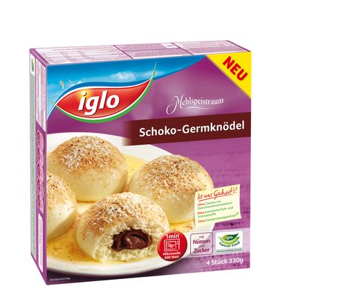 Der Iglo Schoko-Germknödel, gefüllt mit zartem
Schokoladenkern.