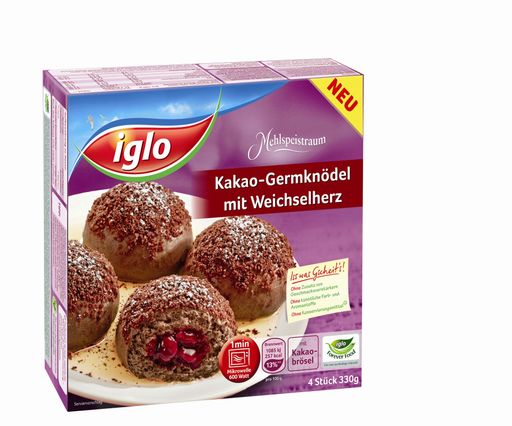 Vorschau Bild von Neu im Tiefkühlregal: Iglo Kakao-Germknödel mit
fruchtigem Weichselherz.