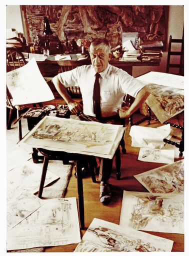 Vorschau Bild von EX 27828: Erich Lessing (geb. 1923), Oskar
Kokoschka arbeitet an Bühnenbild-Entwürfen zu "Moisasurs
Zauberfluch" von Ferdinand Raimund, Villeneuve, 1959, 18,3 x 13,1
cm, Farbfoto auf Karton kaschiert, Universität für angewandte Kunst
Wien, Oskar Kokoschka-Zentrum