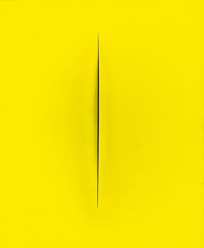 Lucio Fontana (1899-1968) "Concetto spaziale",
Attesa (68 T 77), 1968, rückseitig signiert, Acryl auf Leinwand,
Gelb, 73,5 x 60 cm, in Plexiglasbox. Auktion 27. November 2013,
erzielter Preis Euro 1.073.389