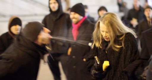 die angeblich "friedlichen Demonstranten"
attackieren am 1. Wiener Akademikerball in der Wiener Innenstadt
eine Besucherin.