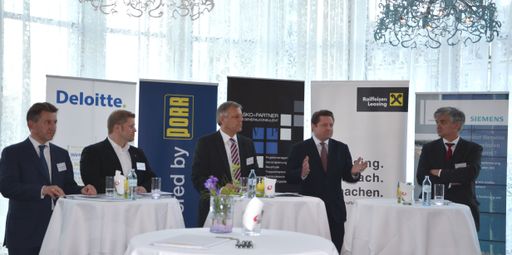  KWF-Initiatoren-Talk Diskutanten v.l.n.r.: Dr.
Alexander Hohendanner, Partner, Financial Advisory Services,
Deloitte - DI Dr. Thomas Wetzstein, Partner, Projektentwicklung,
Vasko + Partner - Mag. Alexander Schmidecker, CEO,
Raiffeisen-Leasing - DI Claus Stadler, Geschäftsführer, Strauss &
Partner Development, ein Tochterunternehmen der PORR-Gruppe - Mag.
Arnulf Wolfram, Leiter des Sektors Infrastructure & Cities CEE,
Siemens