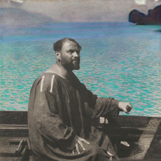 Vorschau Bild von Fotomontage: Gustav Klimt im Ruderboot vor der
Villa Paulick am Attersee, 1909,Fotografie,13,8 x 13,2 cm, Gelatine
Silver Vintage Print, Privatbesitz vor dem Gemälde von Gustav Klimt
(1862-1918), "Am Attersee", 1900, Öl auf Leinwand, 80,2 x 80,2 cm,
Leopold Museum, Wien, Inv. 4148