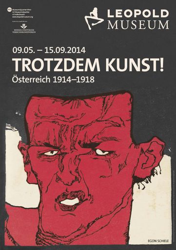 Plakat zur Ausstellung "TROTZDEM KUNST! Österreich
1914-1918", Leopold Museum,9.5.-15.9.2014 unter Verwendung des
Titelsujets der Zeitschrift "Der Ruf" (Sonderheft "Krieg", November
1912) mit einem Selbstbildnis von Egon Schiele aus dem Jahr 1910,
1912,Buchdruck, geschlossen 22,8 x 14,8 cm, Privatsammlung