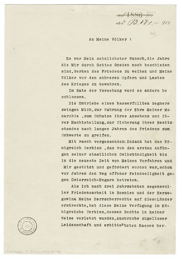 Vorschau Bild von Erste Seite des von Kaiser Franz Joseph I.
unterzeichneten Konzeptes des kaiserlichen Manifestes "An meine
Völker" anlässlich der Kriegserklärung Österreich-Ungarns an
Serbien, 28. Juli 1914, Österreichisches Staatsarchiv