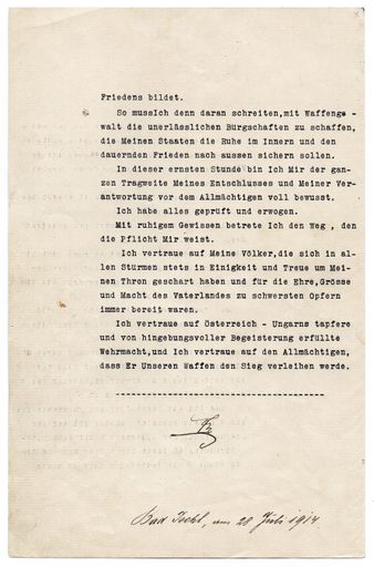 Vorschau Bild von Erste Seite des von Kaiser Franz Joseph I.
unterzeichneten Konzeptes des kaiserlichen Manifestes "An meine
Völker" anlässlich der Kriegserklärung Österreich-Ungarns an
Serbien, 28. Juli 1914, Österreichisches Staatsarchiv
