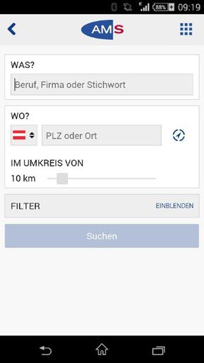 Vorschau Bild von Einfache Volltextsuche der AMS Job App nach Beruf oder mit
Stichwort, einschließlich der Region der offenen Stelle