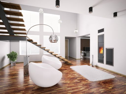 Modern interior with fireplace and staircase 3d
render
