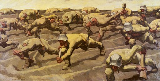  Albin Egger-Lienz (1868-1926),Nordfrankreich 1917,
1917 Öl auf Leinwand, 116 x 231 cm, Privatsammlung. Noch bis 15.
September 2014 zu sehen in der Ausstellung Trotzdem Kunst!
Österreich 1914-1918.