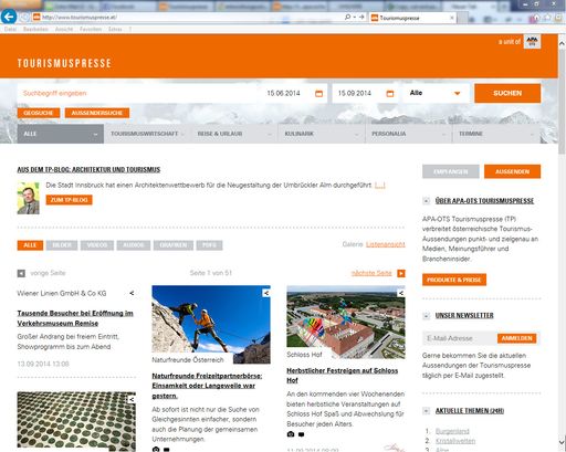 BILD zu OTS/TP - www.tourismuspresse.at, das Portal der APA-OTS
Tourismuspresse für touristische Presseinformationen, präsentiert
sich ab heute in neuem Erscheinungsbild und mit neuen Features.